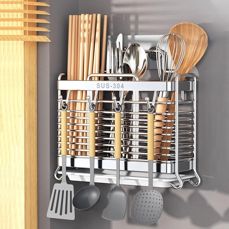 Xinwujia kitchen chopstick cage 304 stainless steel storage rack household wall-mounted punch-free storage basket spoon drain box basket three compartments - hook type 304 stainless steel