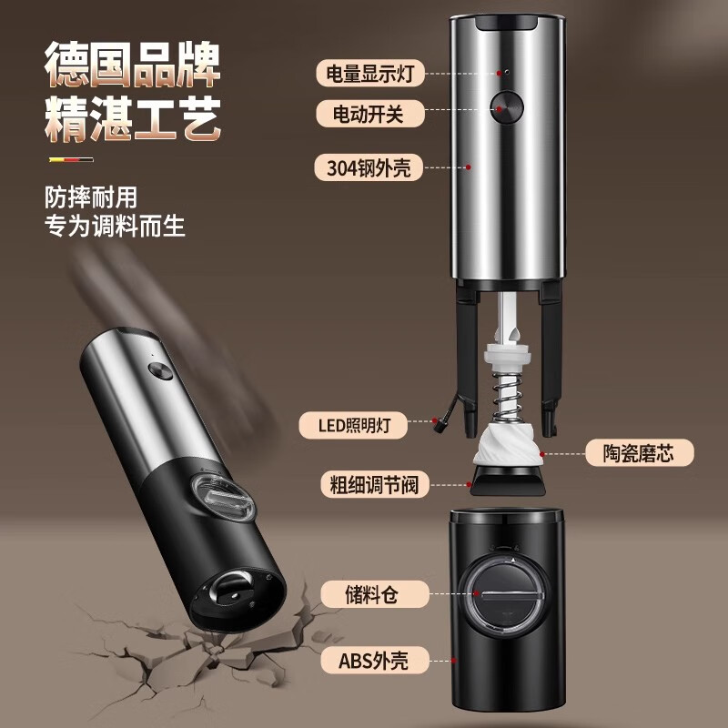 JCZS German brand pepper grinder electric powder machine ultra-fine black pepper particles Sichuan peppercorn sea salt automatic seasoning bottle rechargeable electric grinder