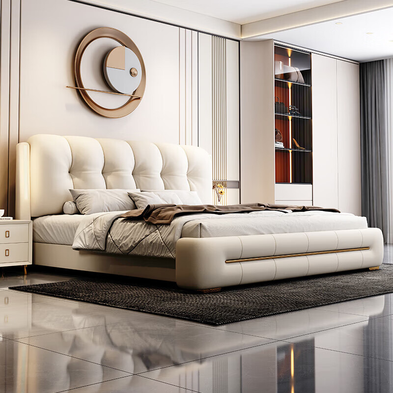 Tangjiang Youth Bed Italian light luxury Napa leather double bed 1.8*2.0m master bedroom wedding bed modern storage simple wedding bed leather bed + cashmere latex spring mattress 2000*2200mm frame structure