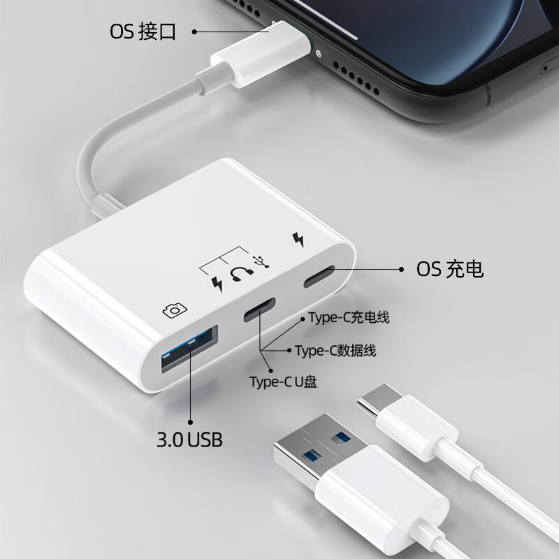 Original Apple OTG adapter one-to-three lightning to type-c converter U disk mobile hard disk OTG cable mobile computer three-in-one cable conversion adapter U disk hard disk + C port data + Apple power supply