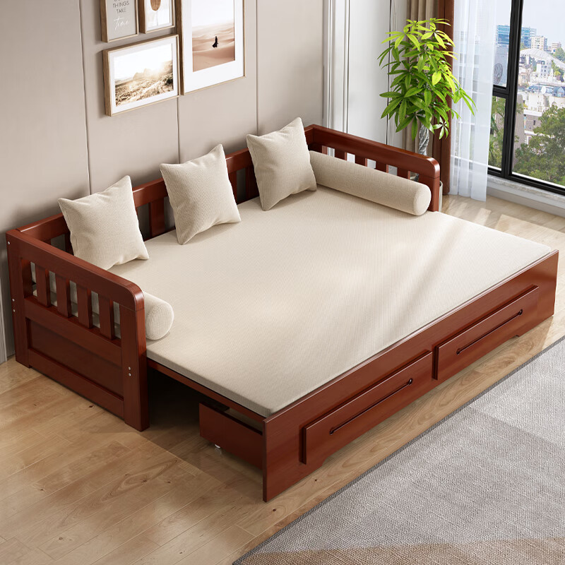 Juyuege solid wood sofa bed living room foldable multifunctional daybed single 1.2m small apartment 1.5 double 1.8m 1.5*2m black walnut color free 6-piece set