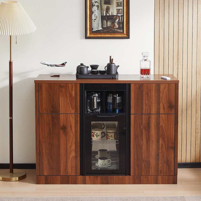 Chinese solid wood tea bar machine refrigerator integrated multi-function 2025 new home office tea cabinet sideboard dark brown hot and cold three-door refrigeration