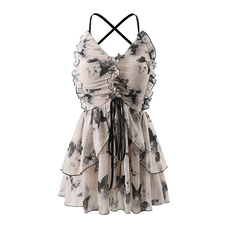 Fu Jian Retro Fairy Style Swimsuit One-piece Skirt Style Conservative Covering Belly Muscles and Slimming Suspenders Advanced Hot Spring Swimwear Gathered New Chinese Style Butterfly Print Recommended 80-120 Jin