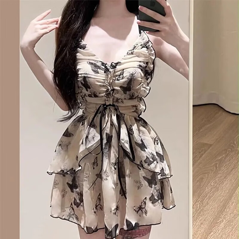 Fu Jian Retro Fairy Style Swimsuit One-piece Skirt Style Conservative Covering Belly Muscles and Slimming Suspenders Advanced Hot Spring Swimwear Gathered New Chinese Style Butterfly Print Recommended 80-120 Jin