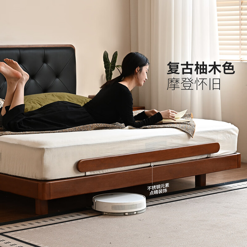 Genji Wood Language Selected Medieval Style Solid Wood Bed Small Apartment Double Black Soft Backrest Bed Master Bedroom Retro High Back Suspension Bed Ecological Cloud Skin Yaoye Black Bed 1.8*2m without Mat