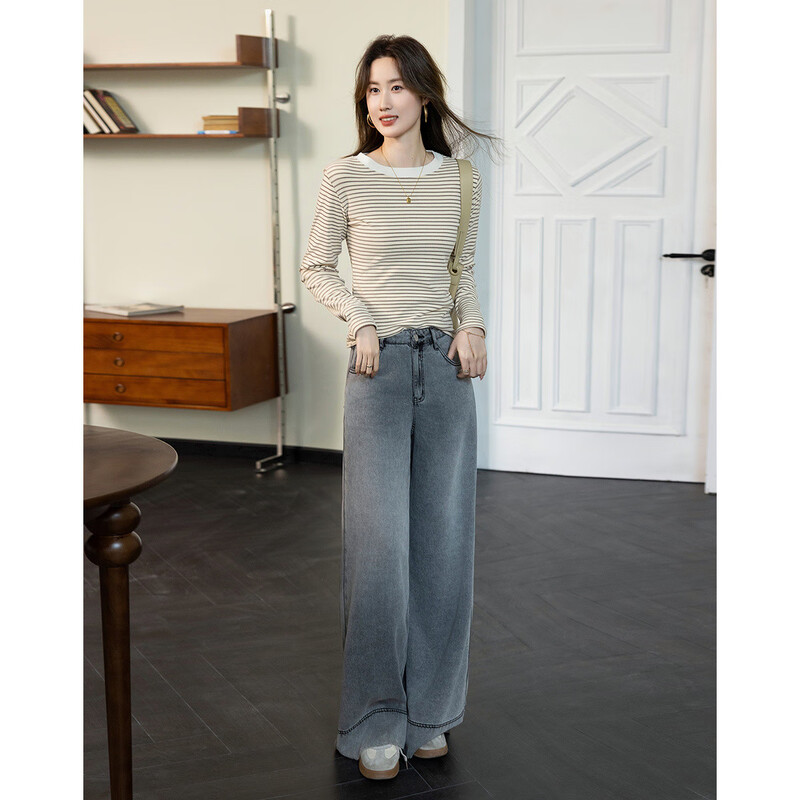Demana relax and unwind spring high-intelligence round-neck striped bottoming shirt gentle and skin-hiding long-sleeved women's T-shirt