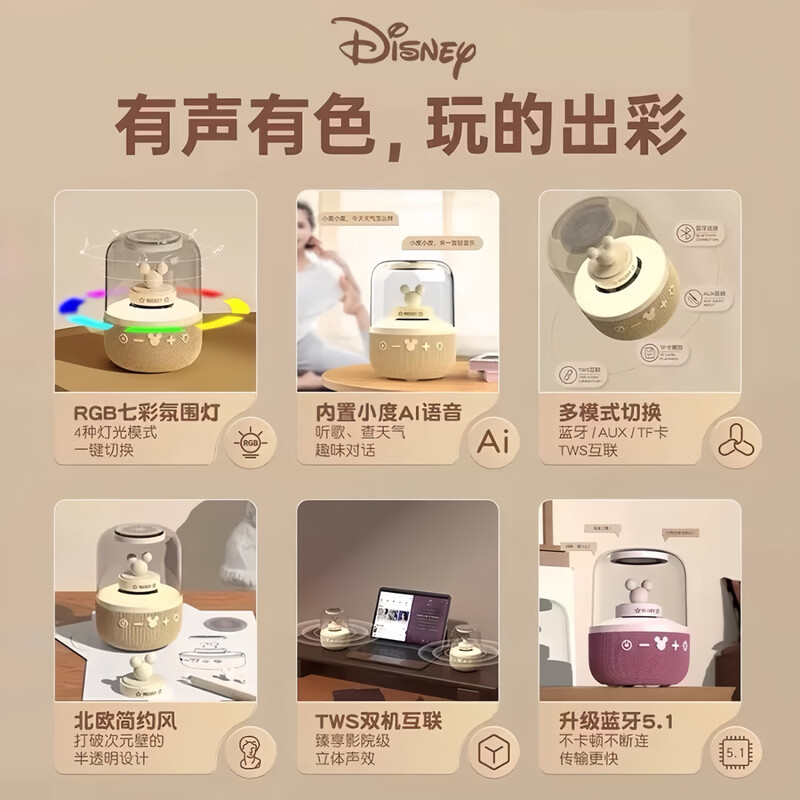 Disney (DISNEY) Bluetooth speaker audio Xiaodu smart voice high quality small computer atmosphere lamp men and women birthday New Year Valentine's Day gift New Year's Day gift box high-end niche S6 powder