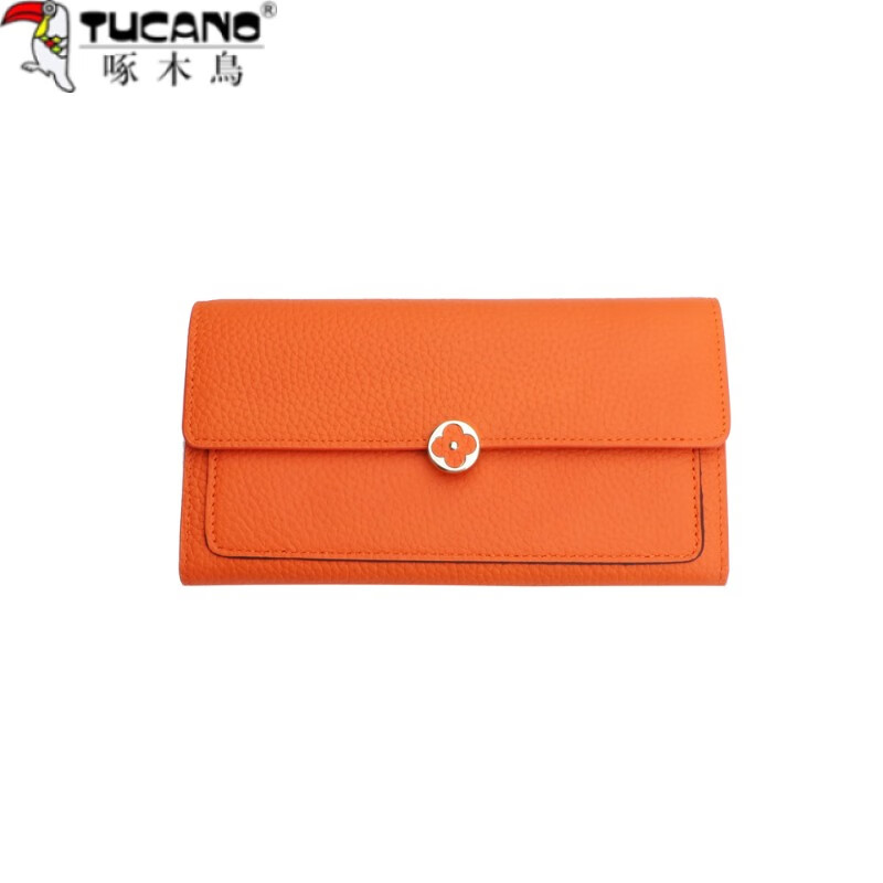 Woodpecker (TUCANO) new 2025 niche design genuine leather long wallet women's fashion clutch large capacity wallet for mobile phone orange (first layer of cowhide inside and outside)