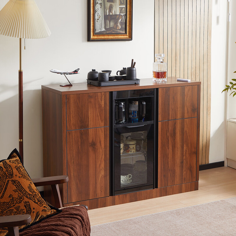 Chinese solid wood tea bar machine refrigerator integrated multi-function 2025 new home office tea cabinet sideboard dark brown hot and cold three-door refrigeration