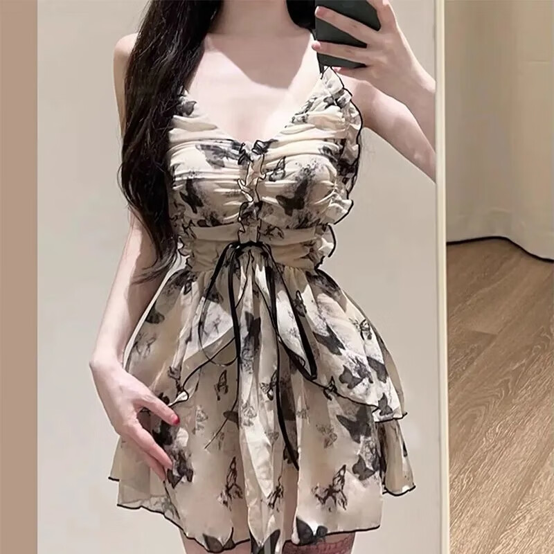 Fu Jian Retro Fairy Style Swimsuit One-piece Skirt Style Conservative Covering Belly Muscles and Slimming Suspenders Advanced Hot Spring Swimwear Gathered New Chinese Style Butterfly Print Recommended 80-120 Jin