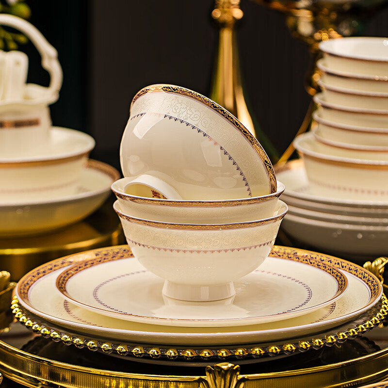 Wuzhili European-style Jingdezhen bone china tableware set, light luxury and high-end, complete set of ceramic bowls, plates, chopsticks, housewarming gift, with pot, high temperature, non-fading, gift box, 40 pieces