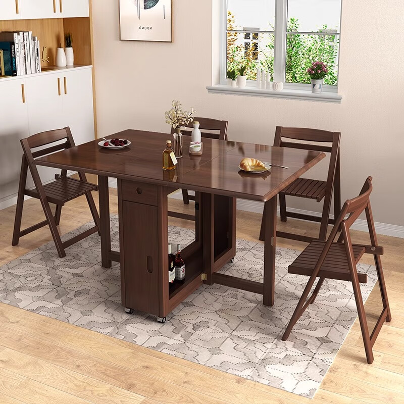 Fanjia all solid wood folding dining table and chair combination sideboard rectangular dining table mobile simple small apartment retractable walnut color one table + six chairs 145CM