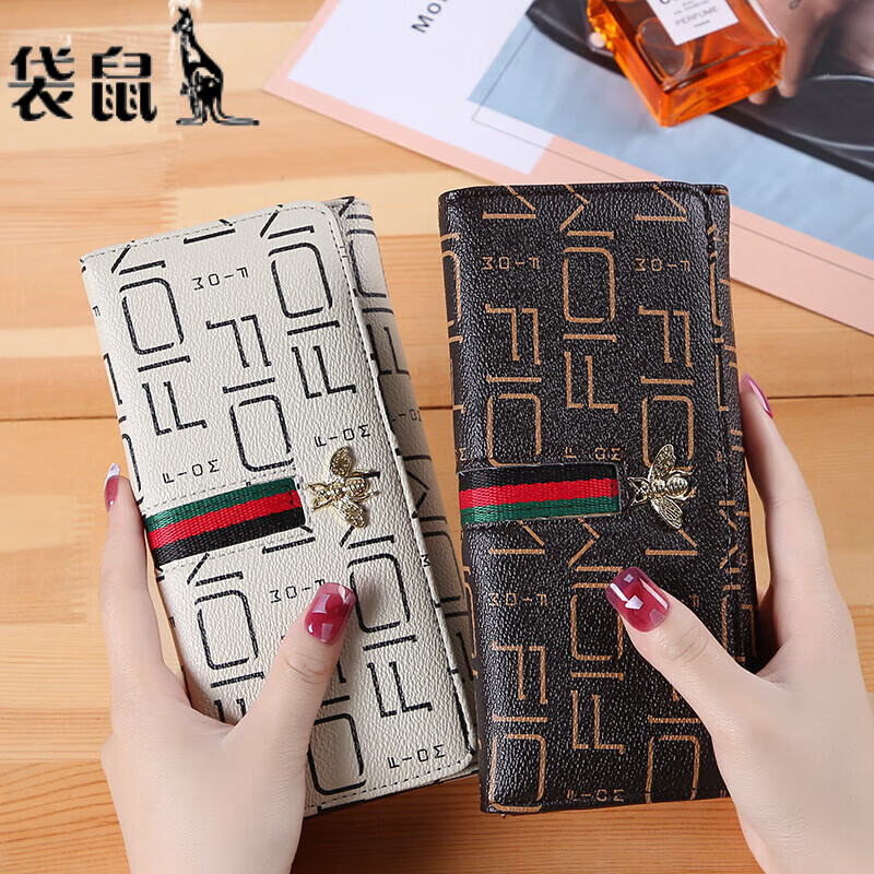 Kangaroo wallet for women 2024 Chinese Valentine's Day niche design multifunctional large capacity fashionable and exquisite long hand wallet bee brown 10 card slots can hold mobile phones
