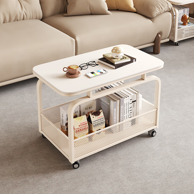 Longyueli sofa side table and side cabinet movable coffee table light luxury and high-end living room trolley bedside shelf side tea table apricot shelf bright snow mountain white slate 80*40*60