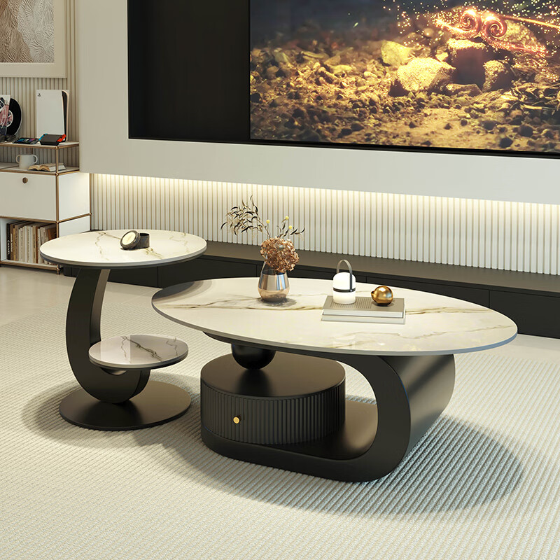 Manshun new oval slate coffee table modern simple living room home light luxury high-end small apartment with drawer combination combination black cabinet fish belly white 100*60 + side table 50