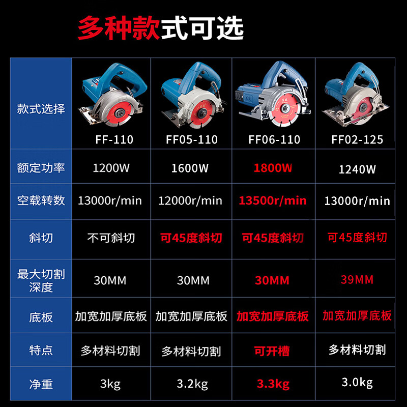 Dongcheng cutting machine stone tile concrete woodworking special 220V household small electric portable marble machine FF-110 1200W + flip plate + 3 saw blades