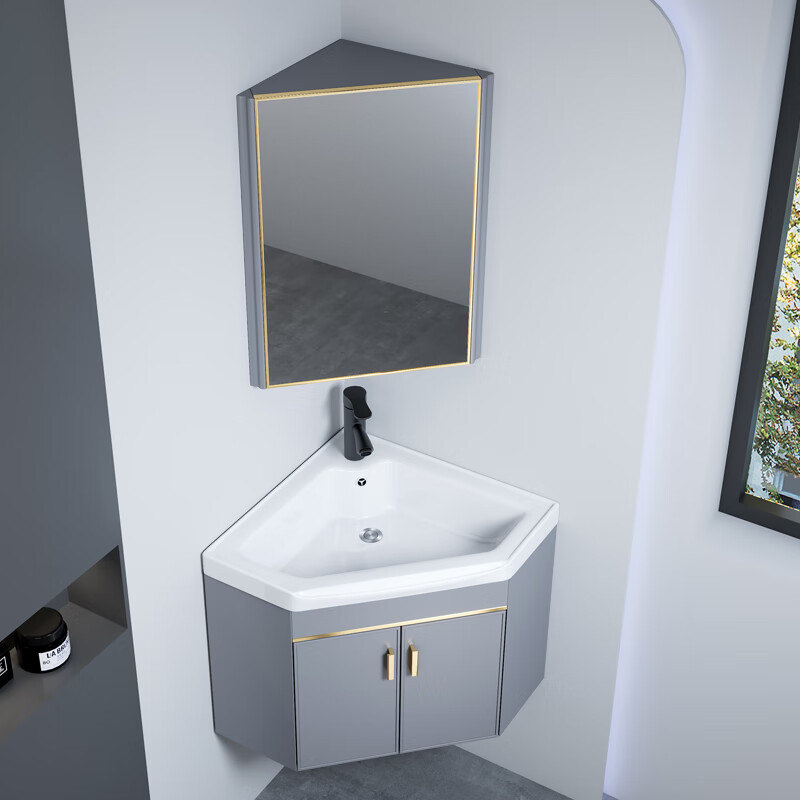 Jomoo's new triangular bathroom cabinet combination washbasin corner small bathroom washbasin balcony small washbasin 38cm new light gray triangular cabinet + triangular mirror cabinet