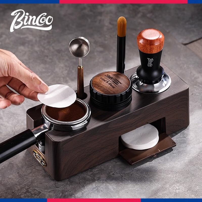 Bincoo Coffee Pressing Powder Base Powder Distributor Set Italian Powder Distributor Handle Pressing Powder Hammer Storage Tool 51/58mm Universal Single Pressing Powder Base-Wood Grain Color