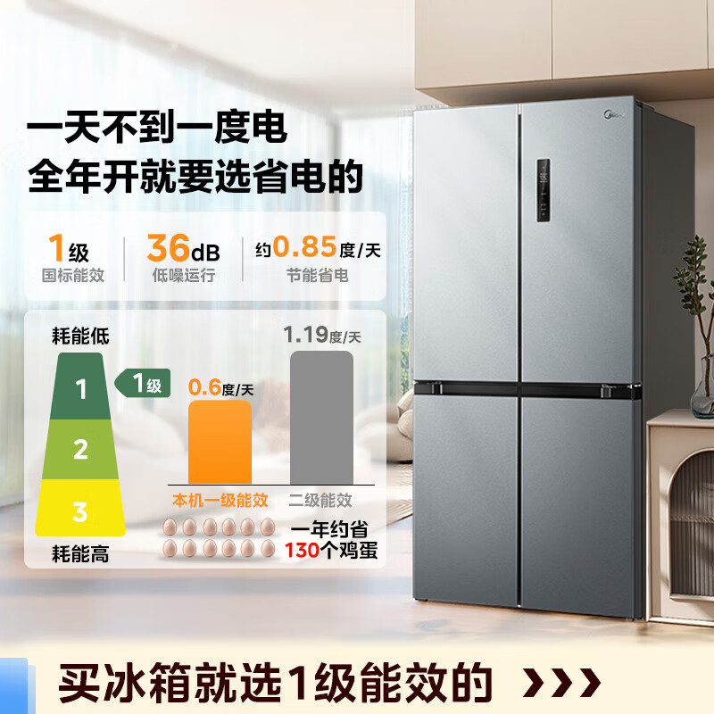 Midea 480 liter four-door refrigerator dual frequency conversion first-class energy efficiency cross-fold double door home stocking ultra-thin smart refrigerator dual-cycle air-cooled large capacity trade-in 480 liter | single system dual-cycle cross refrigerator