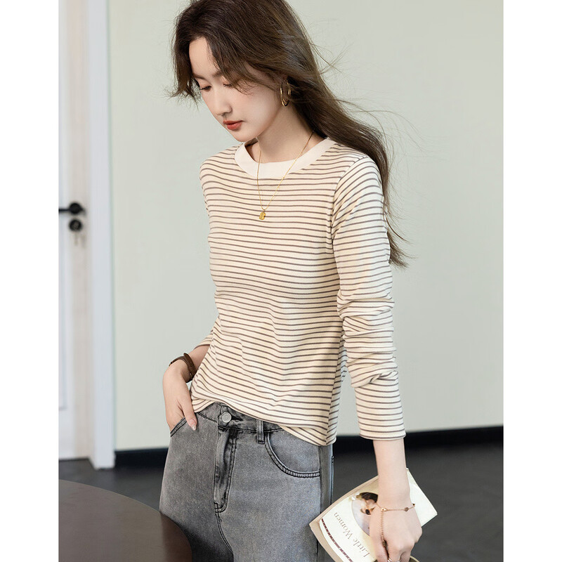 Demana relax and unwind spring high-intelligence round-neck striped bottoming shirt gentle and skin-hiding long-sleeved women's T-shirt