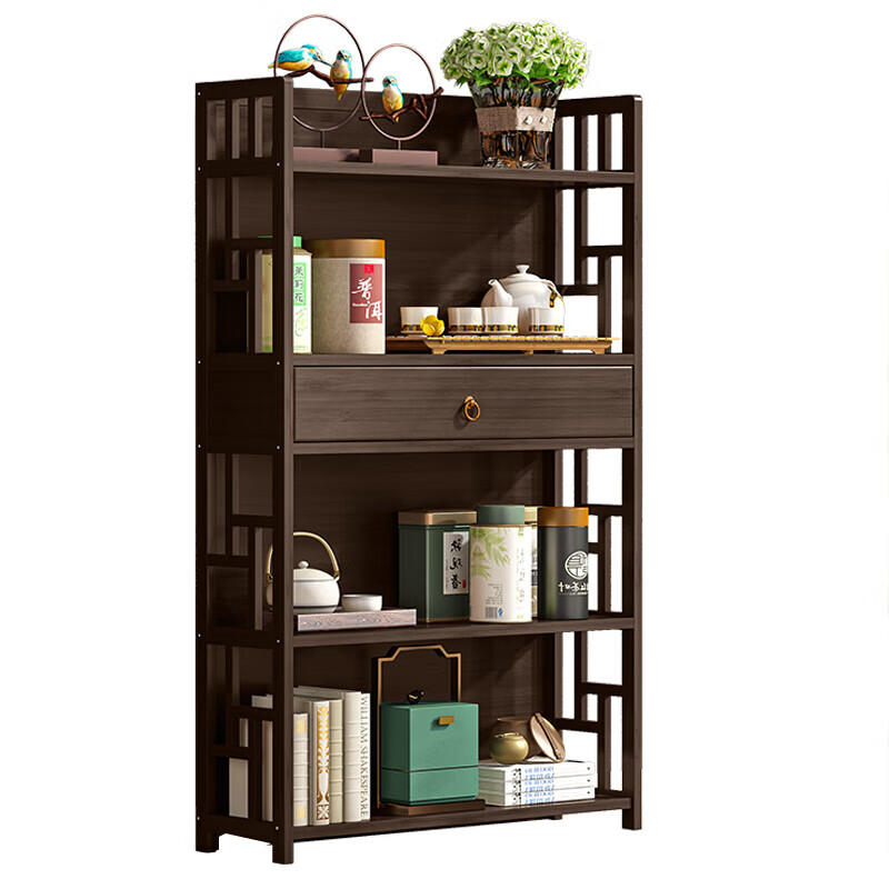 Zhenfu tea rack storage rack multi-layer tea storage cabinet living room small ancient rack tea room tea set rack tea display cabinet brown second floor with drawer 50 long side cabinet no specifications