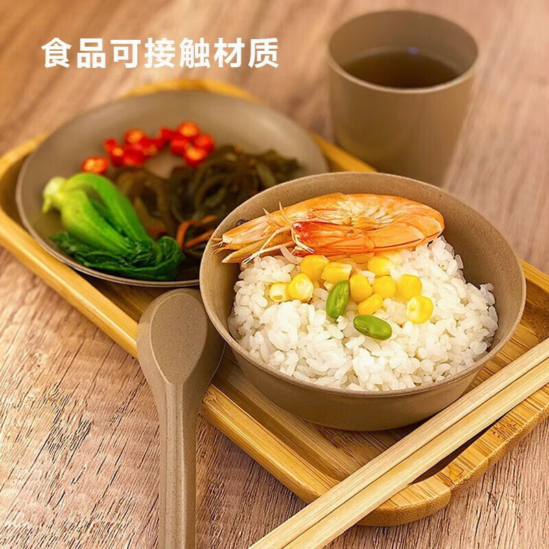 Shenfu rice husk disposable tableware set, biodegradable four-piece set of bowls, chopsticks, cups and spoons, household thickened lunch box, rice husk five-piece set, 100 sets (bowls, cups, saucers, spoons and chopsticks) individually packed