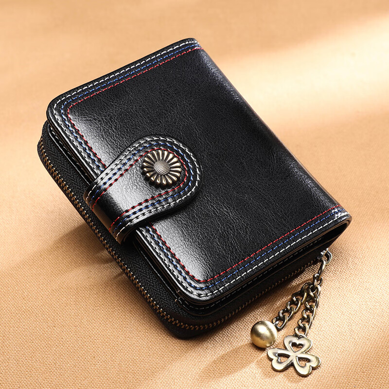 Aegean Sea Wallet Genuine Leather Short Folding Wallet Multiple Card Slots Card Bag Light Luxury Birthday Gift High-Level Sensation for Girlfriend and Wife Black Soft Leather CK Style Niche Versatile Fashion High-end Simple Western Style Zipper Light Luxury