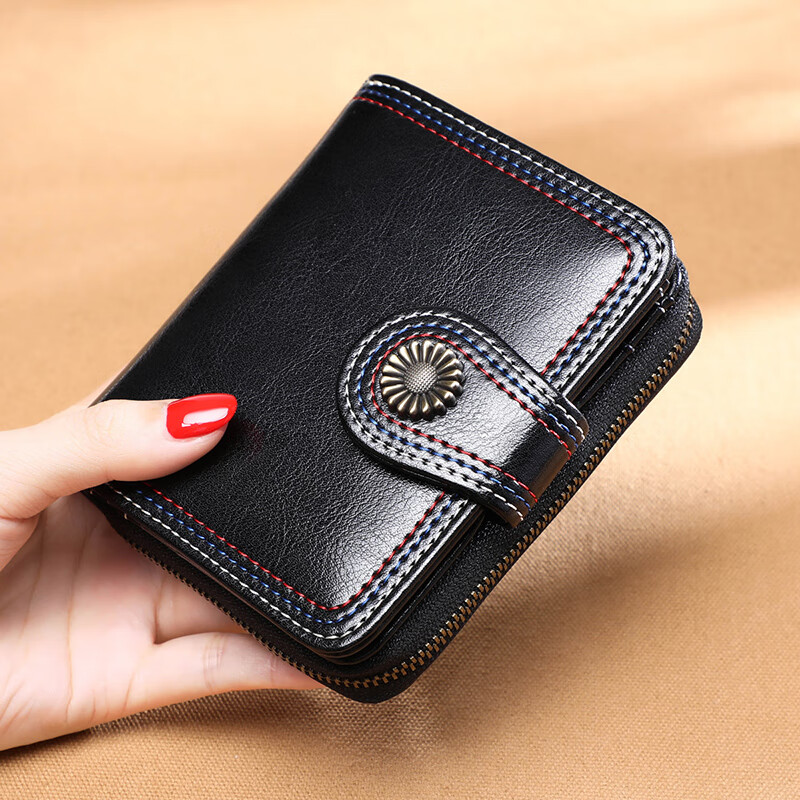 Aegean Sea Wallet Genuine Leather Short Folding Wallet Multiple Card Slots Card Bag Light Luxury Birthday Gift High-Level Sensation for Girlfriend and Wife Black Soft Leather CK Style Niche Versatile Fashion High-end Simple Western Style Zipper Light Luxury
