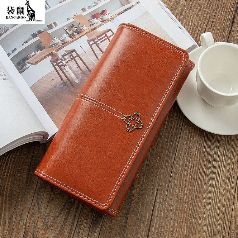 Kangaroo 2025 new wallet women's long style new Korean version simple retro large capacity multi-functional versatile folding wallet hand yellow brown