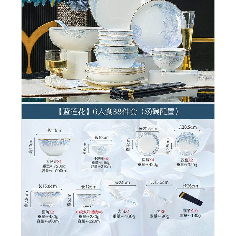 Ruxi Jingdezhen 2025 new bone china tableware household Chinese tableware complete set of Chinese bowl set high-end housewarming gift Blue Lotus 6-person meal 38-piece set