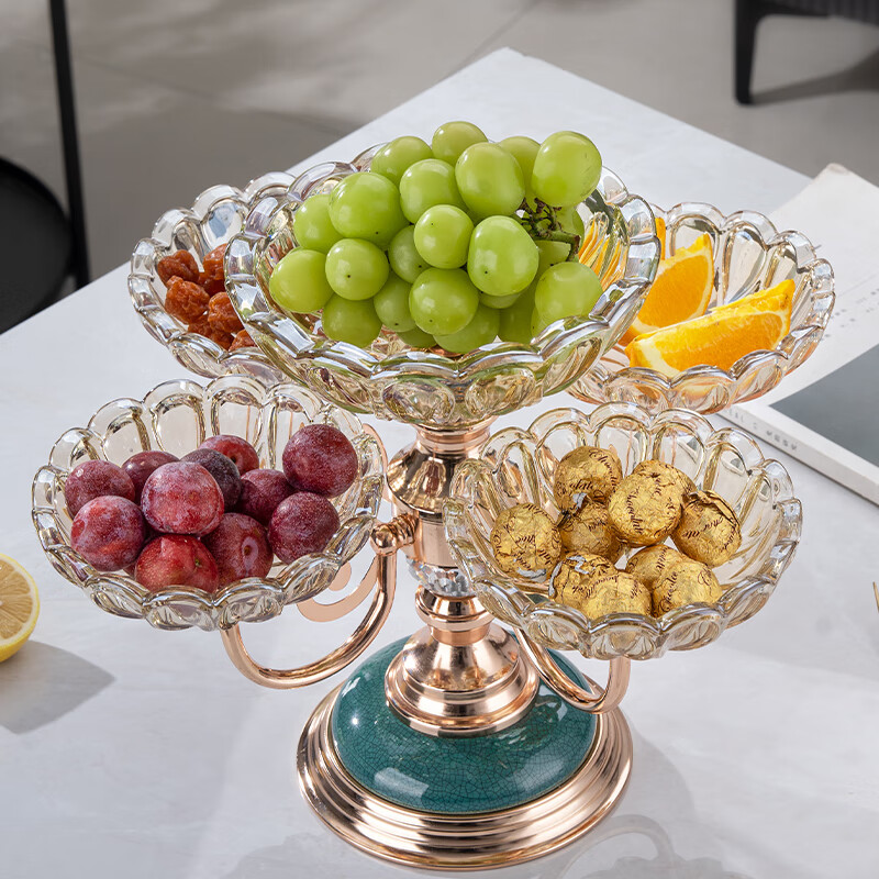 Flower Language Four Seasons European Crystal Glass Multi-layer Rotating Fruit Plate Modern Home Living Room Coffee Table Luxurious Snack Candy Plate Ornaments Five-Connect Plate Ceramic Base Rotatable