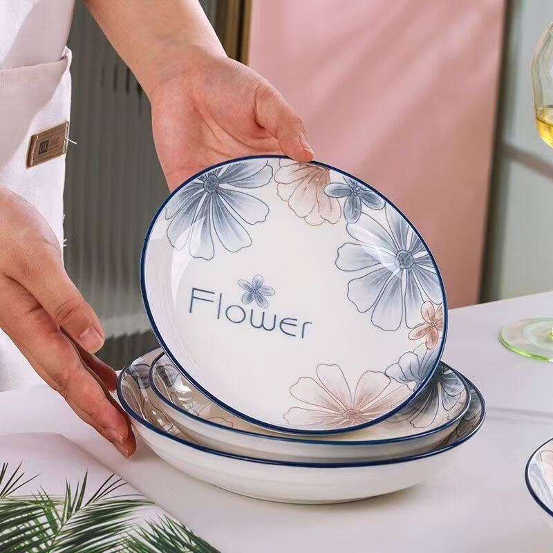 Pastoral style home ceramic blue and brown large flower 8-inch plate dish plate underglaze color high temperature resistant round plate kitchen tableware 8-inch blue and brown large flower round plate 4 pieces