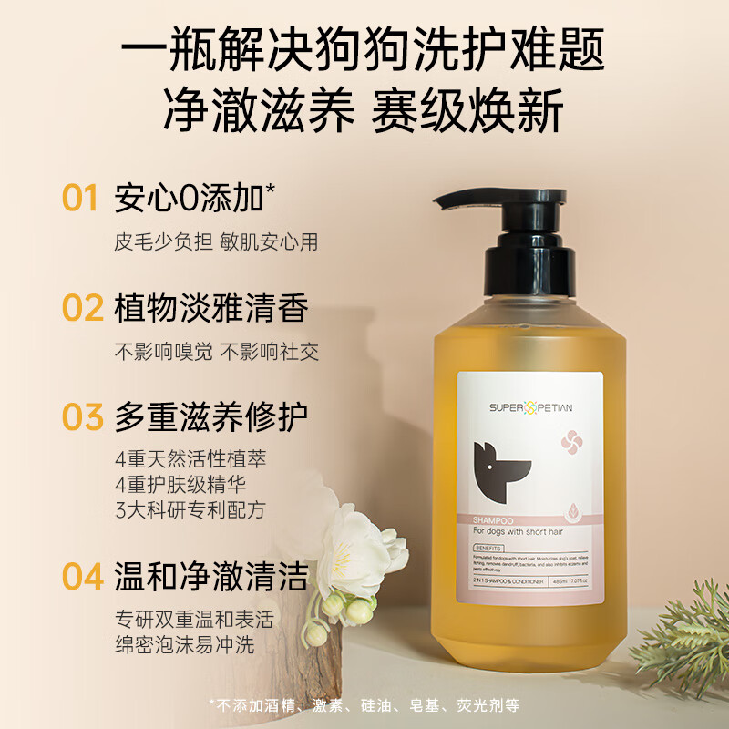 Super pampering dog shower gel. Pet-specific shower gel. Universal for adults and puppies. Special for short-haired dogs.