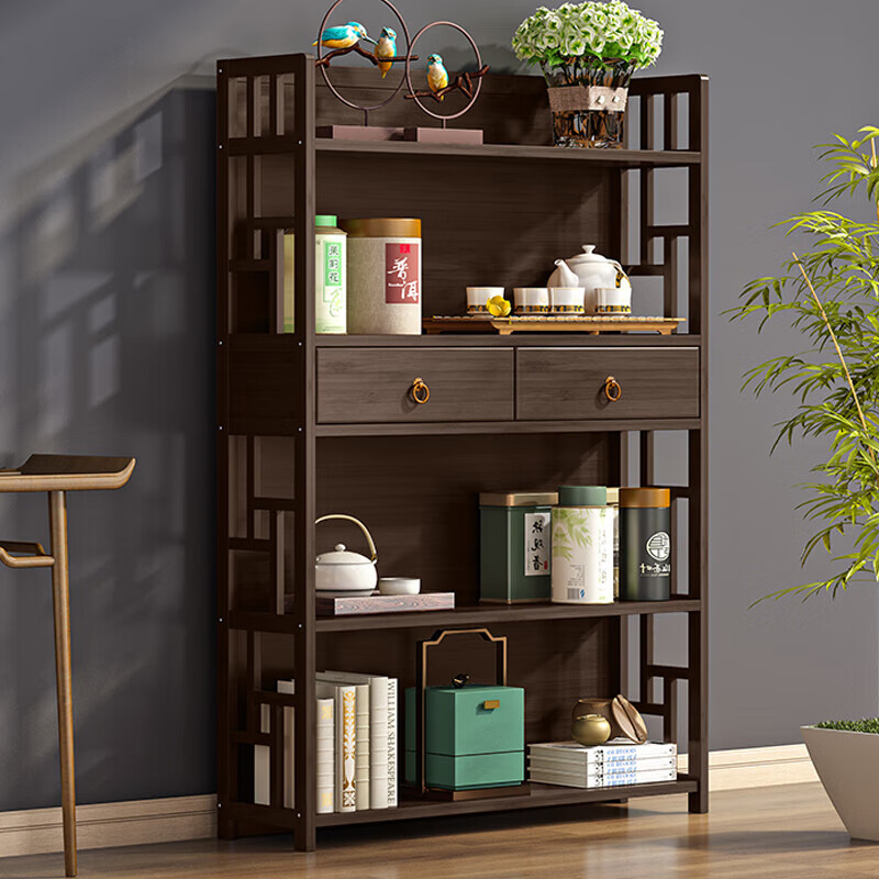 Zhenfu tea rack storage rack multi-layer tea storage cabinet living room small ancient rack tea room tea set rack tea display cabinet brown second floor with drawer 50 long side cabinet no specifications