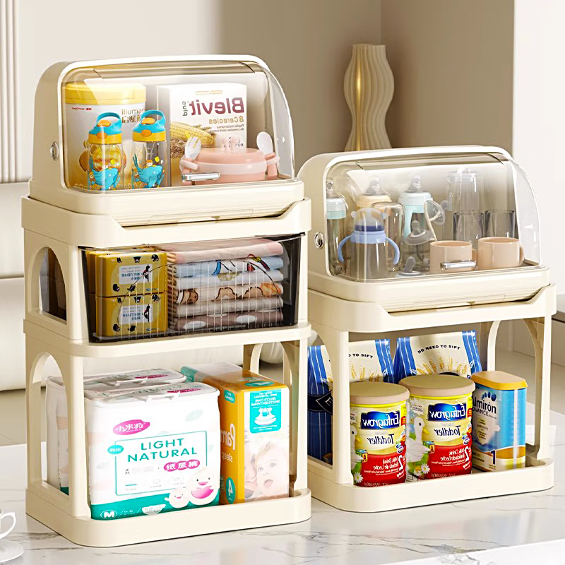 Nafenai Food Grade Material Baby Bottle Storage Box Drain Rack with Cover Dustproof Baby Food Complementary Tableware Storage Box Two Layers - Bottle Rack + Elevated Rack - Milk Coffee Color