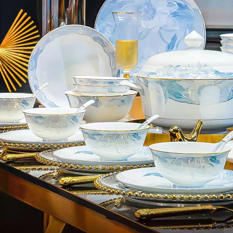 Ruxi Jingdezhen 2025 new bone china tableware household Chinese tableware complete set of Chinese bowl set high-end housewarming gift Blue Lotus 6-person meal 38-piece set