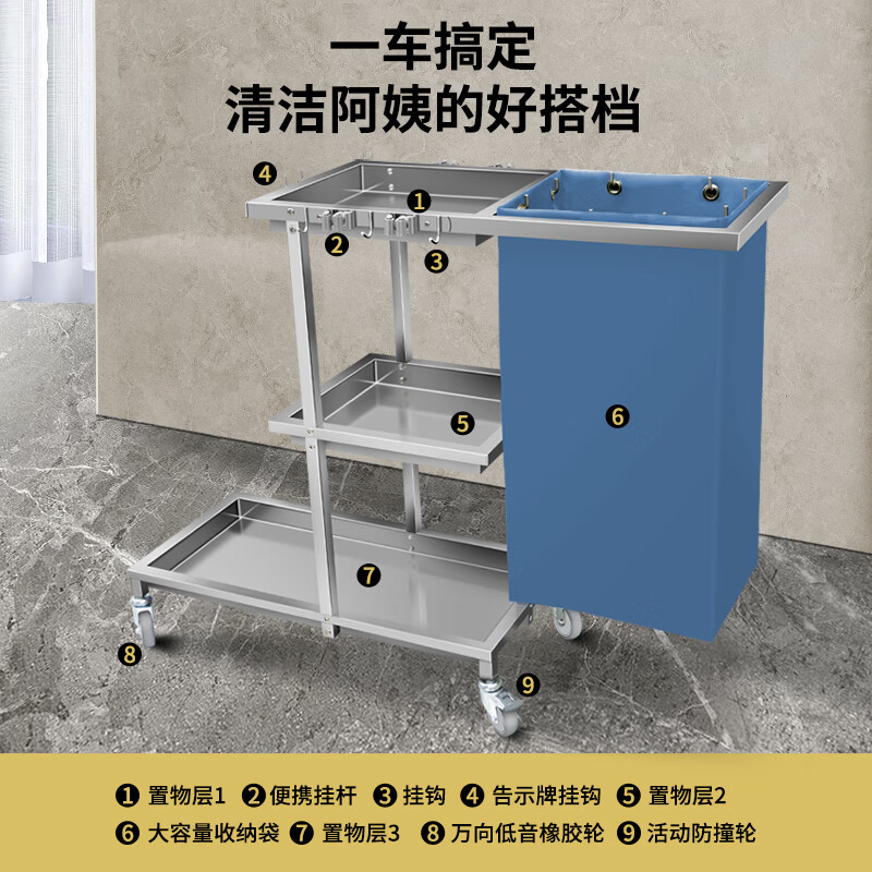 Wen Yijia stainless steel cleaning truck cleaning truck hotel property multi-functional linen truck cleaning hand push tool KC-01 yellow thickened stainless steel square tube