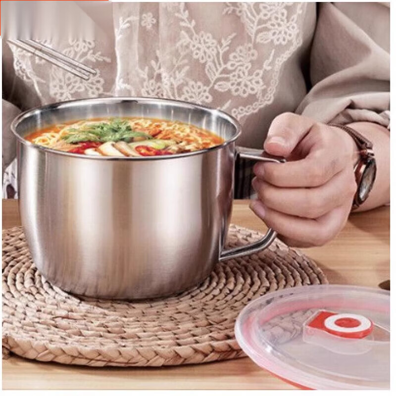 LNGA LANDGRE Germany imported quality stainless steel instant noodle bowl with lid soup bowl student lunch box canteen rice bowl fast food instant noodles 1.5L extra thick double base + chopsticks spoon + thermal bag
