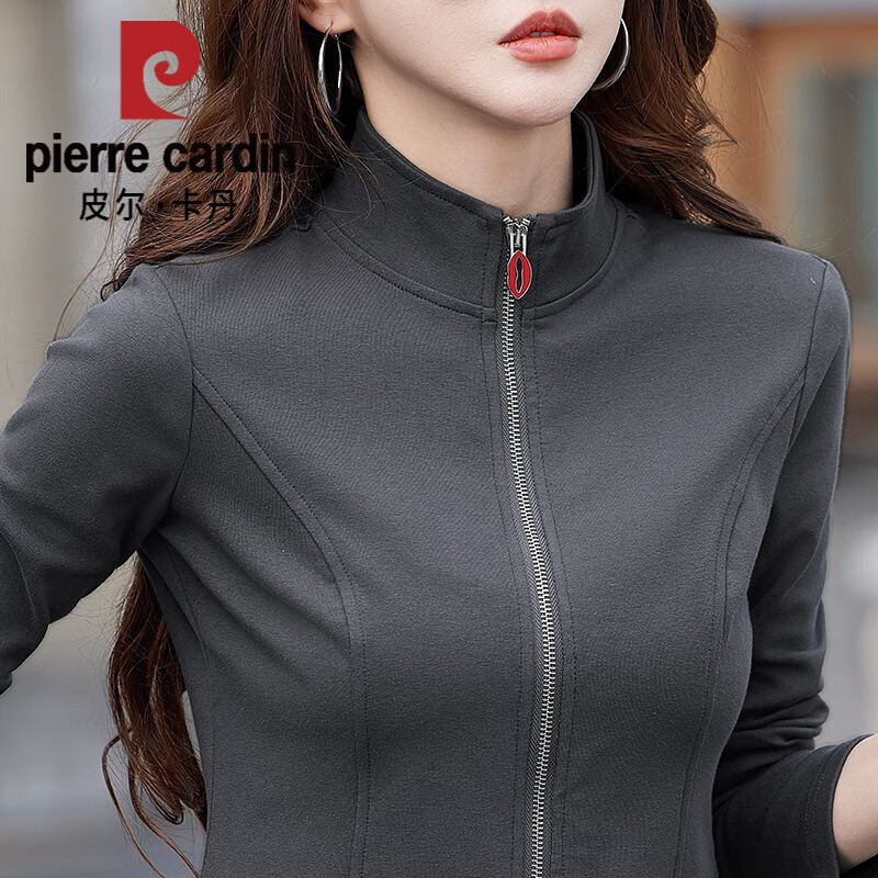 Pierre Cardin pure cotton zipper half turtleneck top for women spring and autumn new long-sleeved T-shirt small shirt casual jacket slim bottoming shirt Gray #24 3XL 135-150 catties