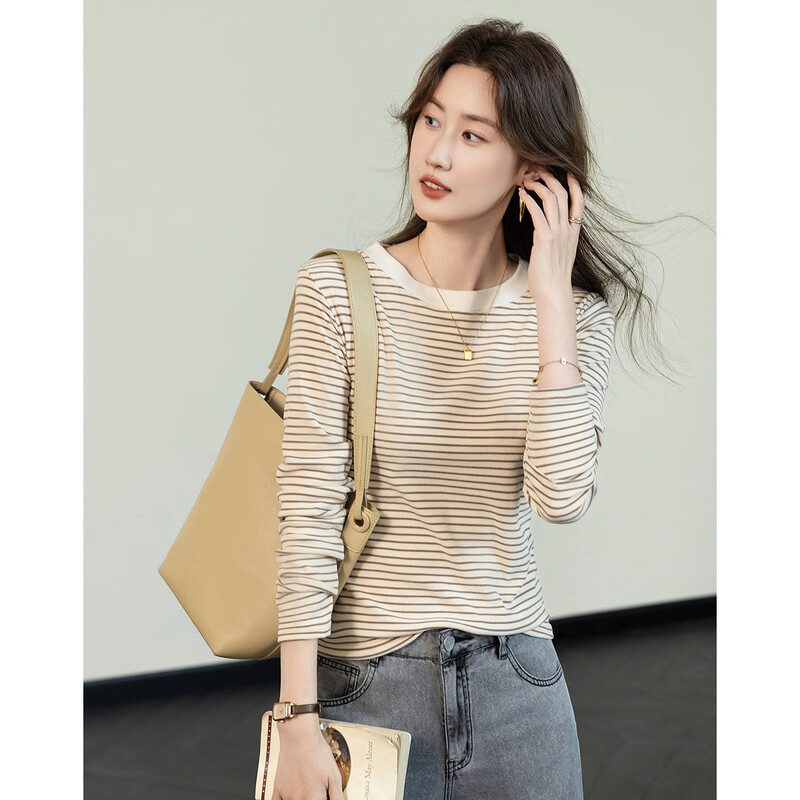 Demana relax and unwind spring high-intelligence round-neck striped bottoming shirt gentle and skin-hiding long-sleeved women's T-shirt
