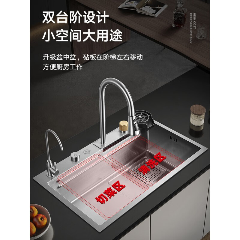 TOTO Rainfall Waterfall Handmade Kitchen Sink Large Single Slot Household Nano SUS304 Stainless Steel Wash Basin Under Counter Basin (Thickened 304) Gun Gray 80*45-E Digital Display Package