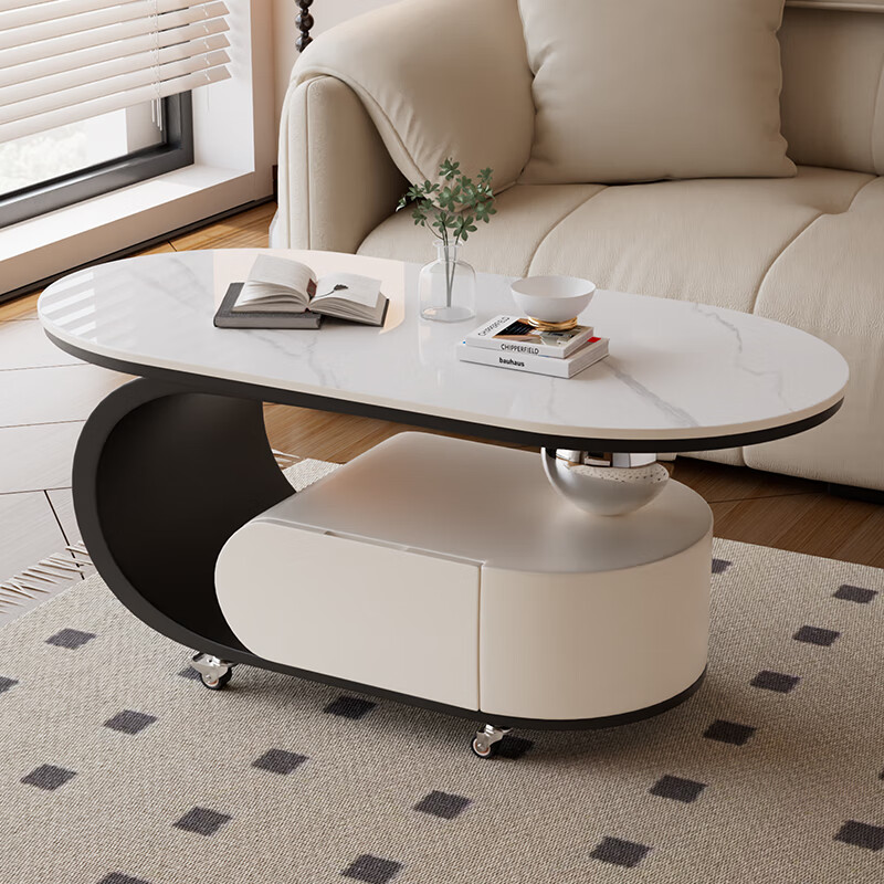 Small style coffee table for living room, small-sized coffee table for living room, light luxury and high-end living room, simple removable cream style side table, black and white coffee table + snow mountain white desktop 100*50*45