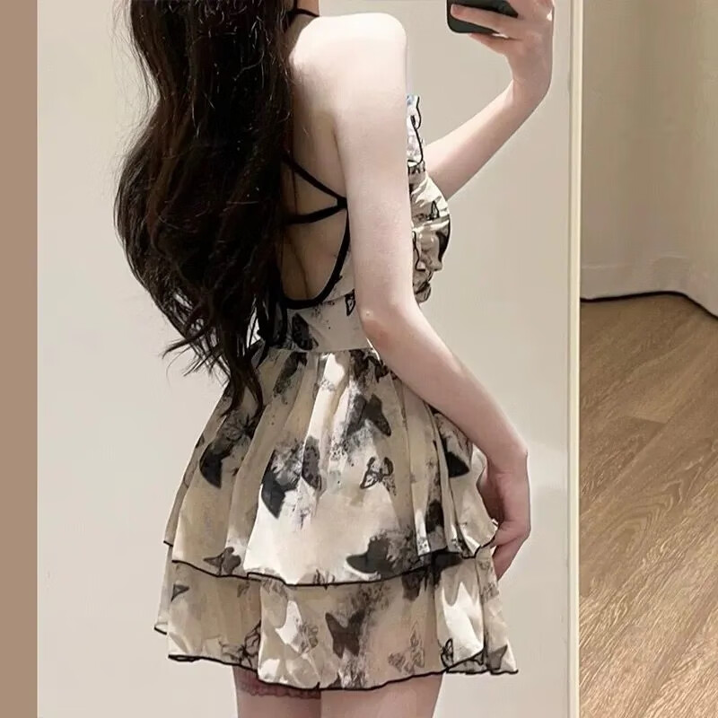 Fu Jian Retro Fairy Style Swimsuit One-piece Skirt Style Conservative Covering Belly Muscles and Slimming Suspenders Advanced Hot Spring Swimwear Gathered New Chinese Style Butterfly Print Recommended 80-120 Jin