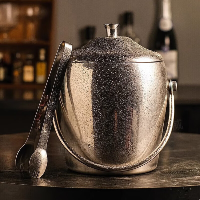 Feng Ni Ice Bucket Stainless Steel Champagne Bucket Red Wine Chilled Beer Ice Cube Bucket KTV Bar Insulated Ice Wine Bucket Ice Cube Bucket 2L Bright Binaural Ice Bucket with Ice Clamp Set