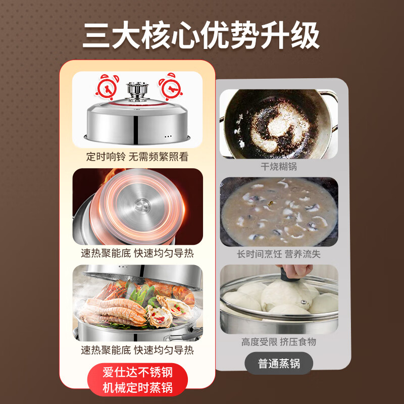 Aista timer steamer 304 stainless steel three-layer thickened household multi-layer cage large steamer large capacity pot thickened 304 stainless steel timer steamer 26cm