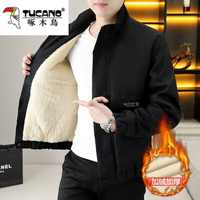 Woodpecker jacket men's autumn and winter 2025 velvet thickening trendy handsome casual versatile jacket tops young men's clothing K108/velvet/beige L