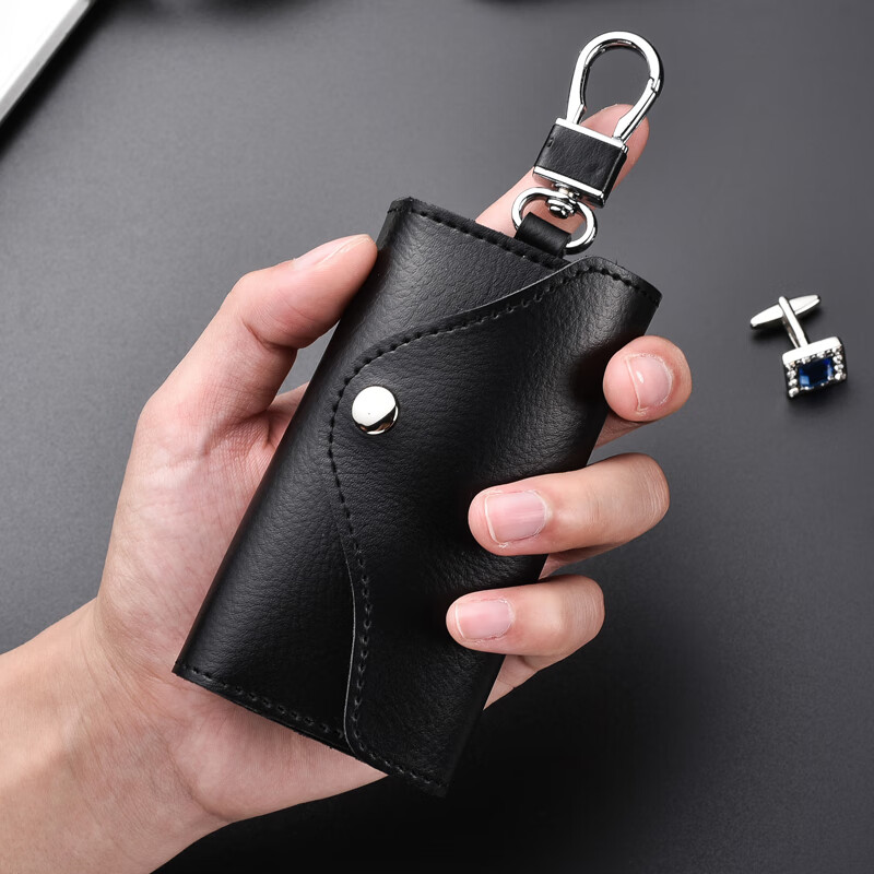 Dingtianliying genuine leather key bag large capacity clutch bag men's leather waist hanging key bag women's multi-functional key chain hanging buckle version - black