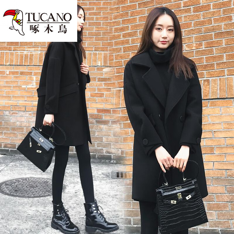 Woodpecker woolen coat for women, high quality, autumn and winter, large size, loose, mid-length, slim woolen coat, black cashmere coat, black style, regular L, recommended 100-120 pounds