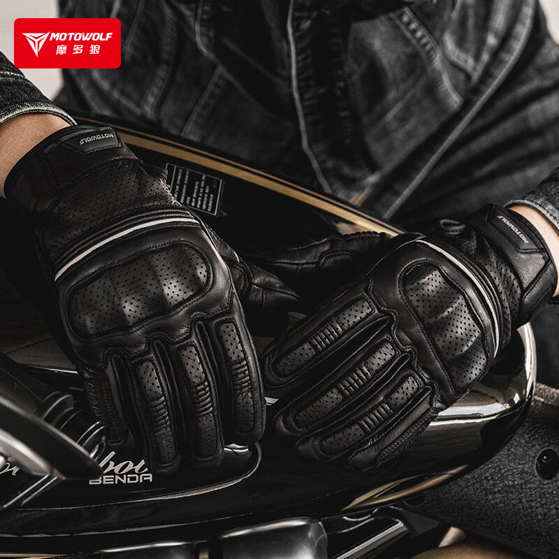 MOTOWOLF Summer Motorcycle Gloves Retro Breathable Genuine Leather All-Season Cycling Equipment Motorcycle Rider Equipment for Men Shadow Black Genuine Sheepskin/Mesh Breathable XL Two-finger Touch Screen