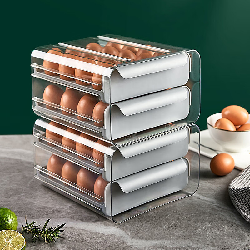 Muzhichu Side Door Egg Box Shelf Refrigerator Fresh Box Storage Box Rolling Automatic Refill Double-Layer Egg Tray Compartment 2 Layers 32 Compartments - Light Lotus Gray